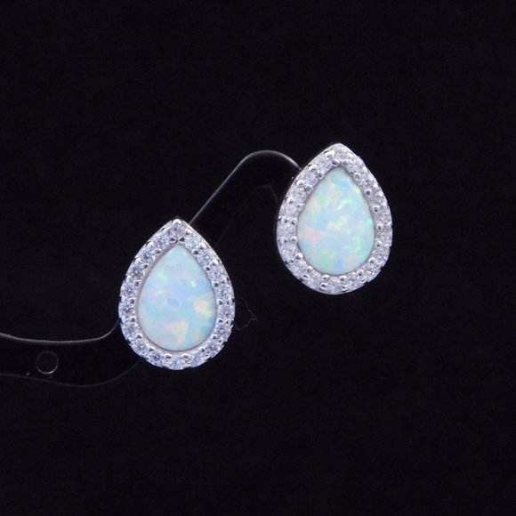 The Irish Gem Jewelry - White Opal Rain Drop Halo Earrings 925 Silver